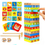 Joc Jenga Beech din lemn cu Animale, 51 piese
