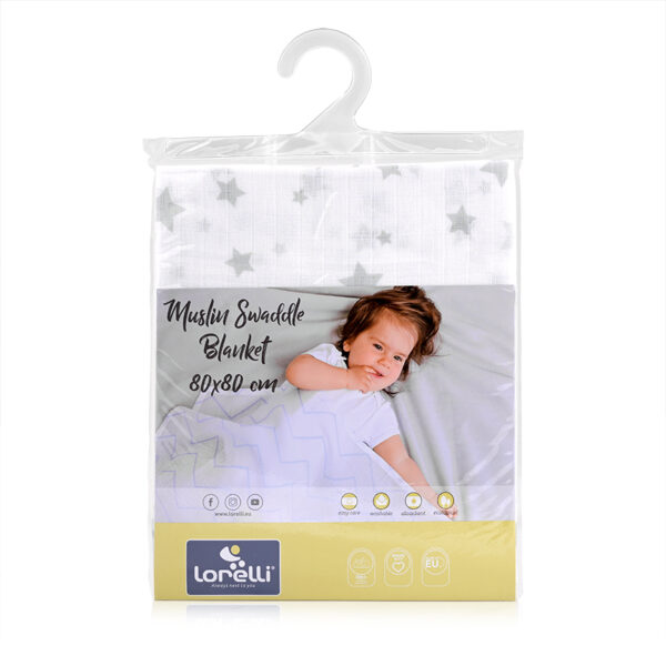 Scutec pled din muselina Lorelli 80x80 cm, White with Grey STARS /10340092307/ - imagine 2